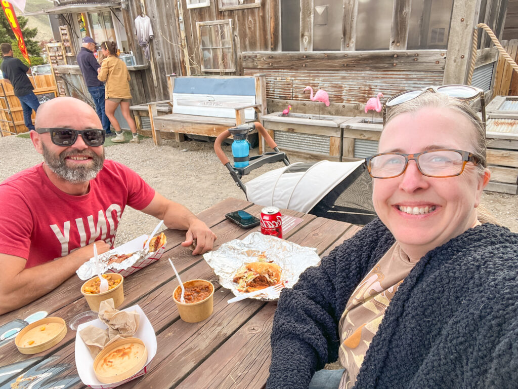 Daniel and Melissa eating at Follow Yer' Nose BBQ Smokewagon in Gardiner, Montana. Gardiner Montana to Yellowstone National Park trip.