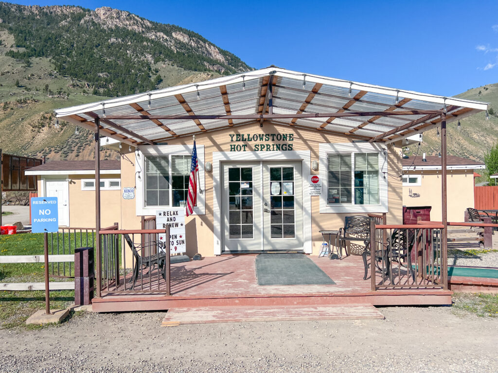 Front view of Yellowstone Hot Springs Office in Gardiner Montana. During Gardiner Montana to Yellowstone National Park trip.