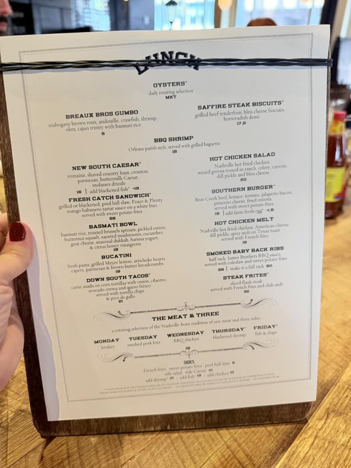 The Southern Steak & Oyster menu Nashville in December