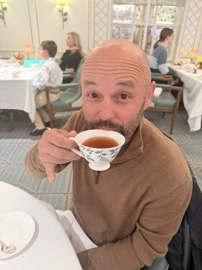 Daniel enjoying his Earl Grey tea at Fortnum & Mason afternoon tea