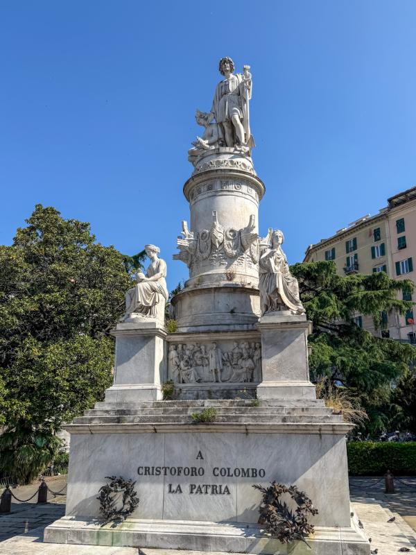 This image shows the Monument to Christopher Columbus located in Piazza Acquaverde in Genoa, Italy. 
Location: It is situated directly outside the Genova Piazza Principe railway station. 
Purpose: The monument was erected in 1862 