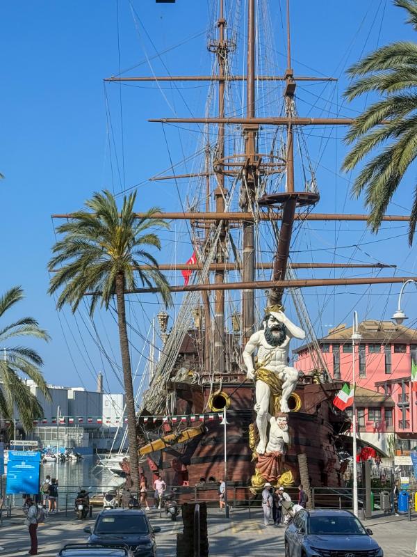 The Neptune is a full-size replica of a 17th-century Spanish galleon. It was built in 1985 for Roman Polanski’s film Pirates. The ship has a steel hull and a working diesel engine. It also has detailed rigging to look like an old sailing ship. Today, it is docked at the Old Port of Genoa, Italy, as a tourist attraction. Visitors can go on board and explore the interior for a fee.