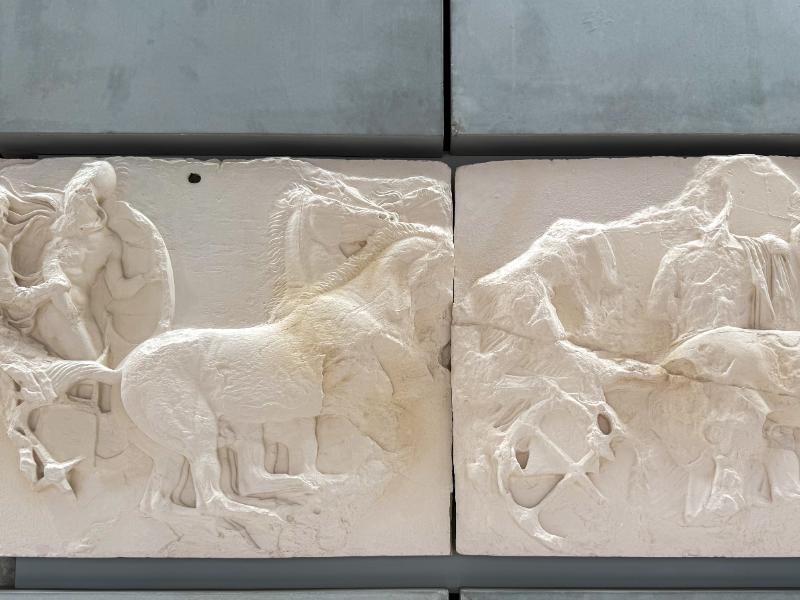 portion of the Parthenon Frieze, specifically fragments of the marble architectural decoration from the Parthenon temple in Athens, Greece. Now at the Acropolis Museum