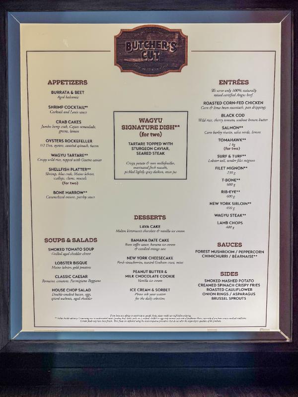 MSC Fantasia Butcher's Cut Steakfouse Menu