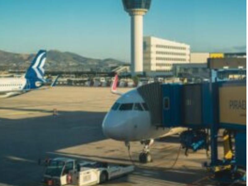 An airplane at Athens International Airport gate during a sunny day, featuring a jet bridge and terminal view.Photographer:
Ernest Ghazaryan
