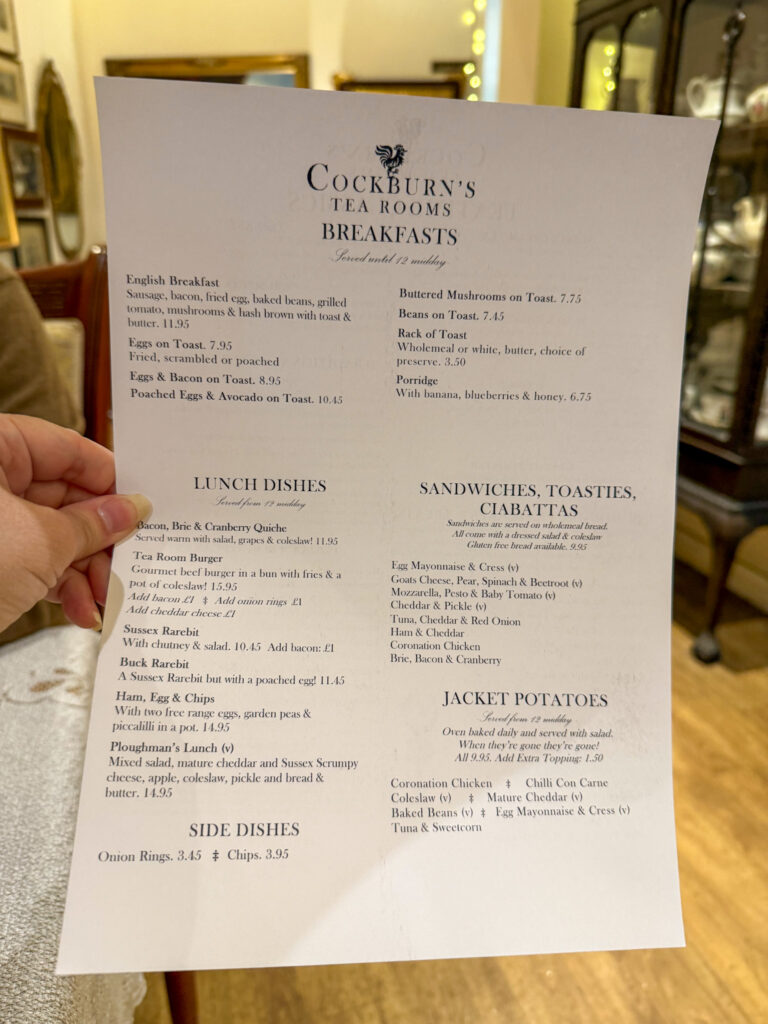 Cockburn's Tea Rooms  Menu During Our Day Trip to Arundel from London