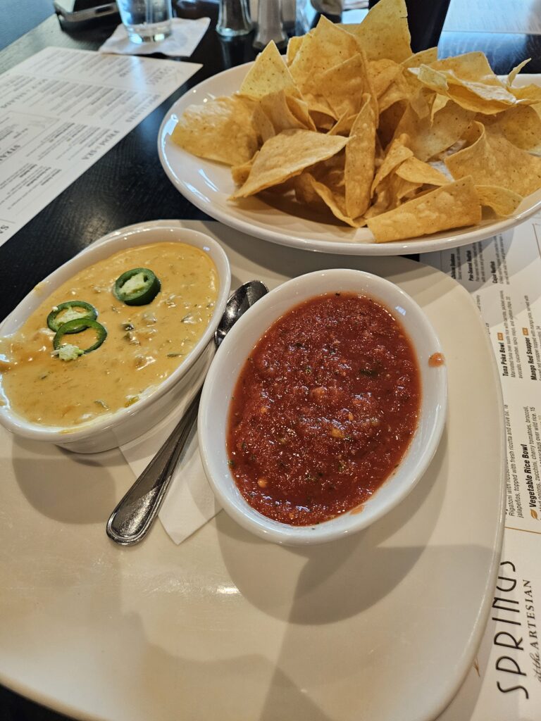 Appetizer Chips, Queso and Salsa at Springs during our Getaway & Retreat in Sulphur