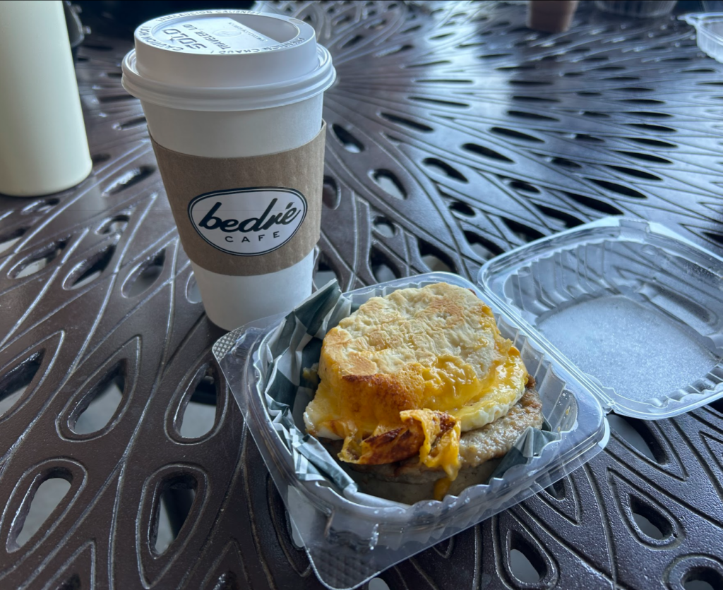 Sausage egg and cheese biscuit with carmel latte during our Getaway & Retreat in Sulphur
