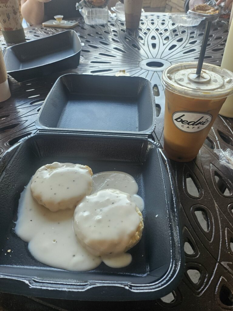 Bedre Cafe breakfast Biscuits and Gravy during our Getaway & Retreat in Sulphur