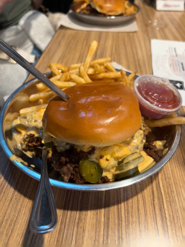 Fat Bullys Mushroom Burger and Fries during our Getaway & Retreat in Sulphur