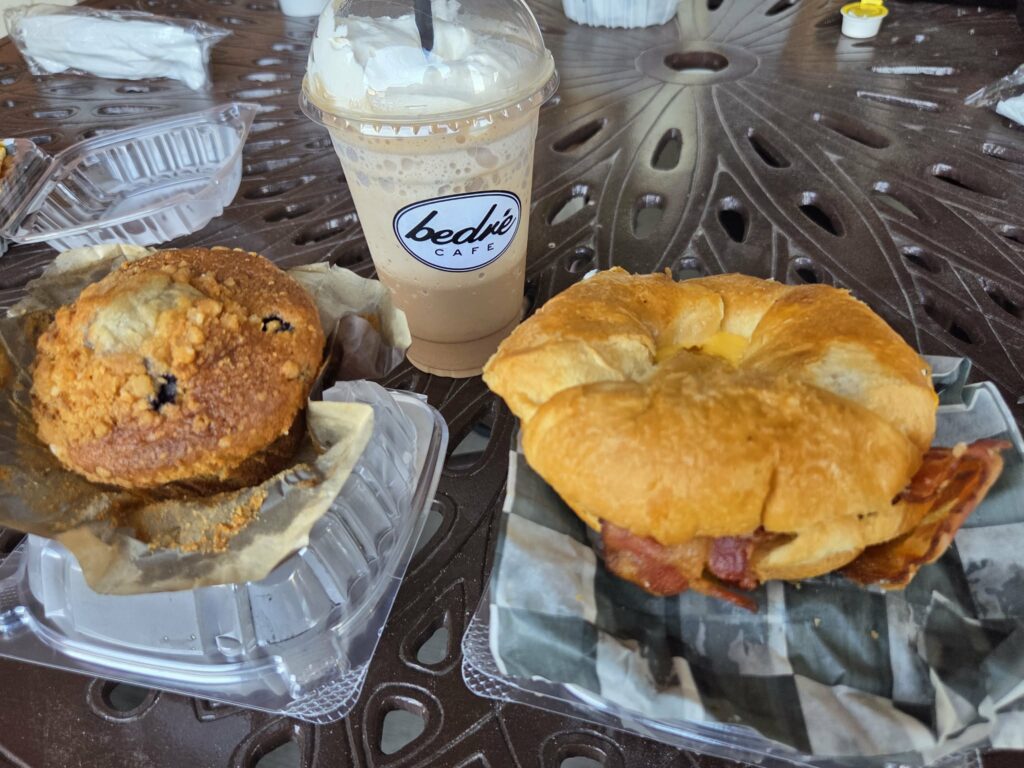 Bacon, Egg, Cheese Croissant and a Blueberry Muffin Mocha Frappucino at Bedre Cafe during our Getaway & Retreat in Sulphur